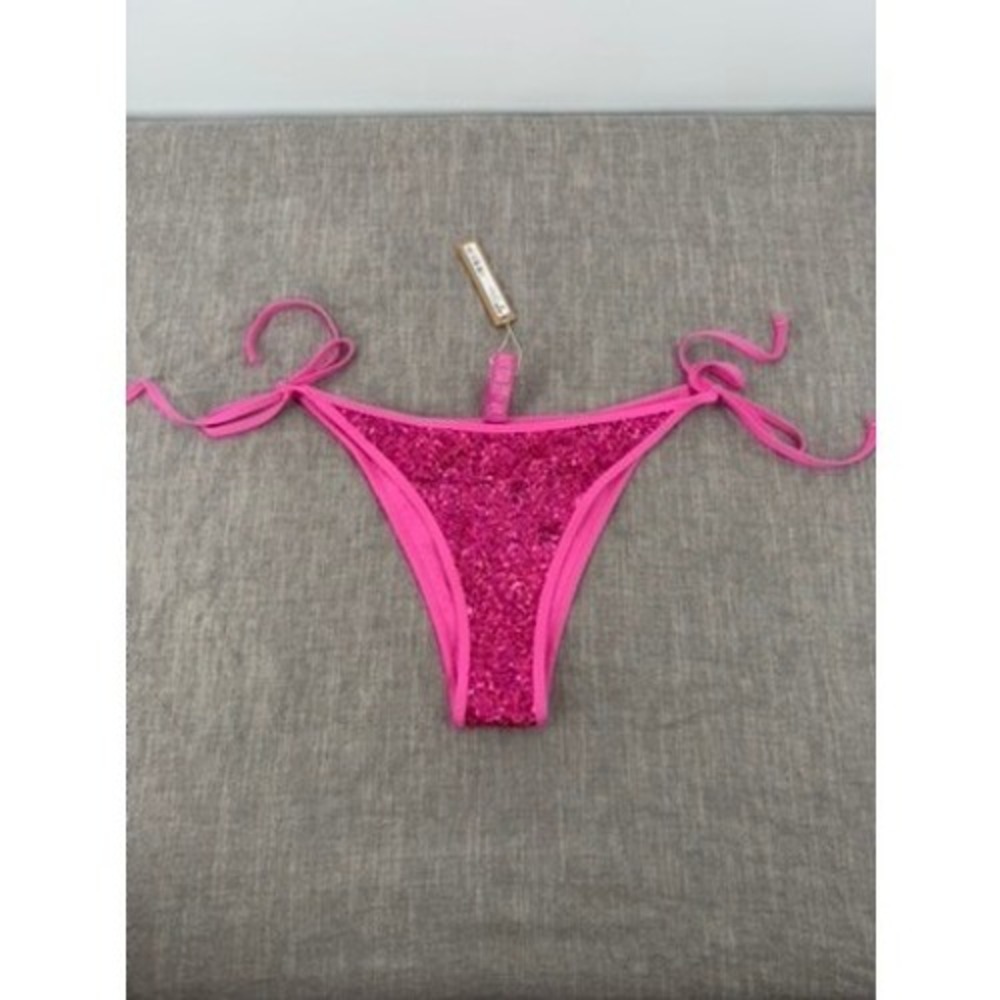 Skims Bikini Bar Tie Bikini Bottom Flamingo Pink Sequin Size L Large NWT